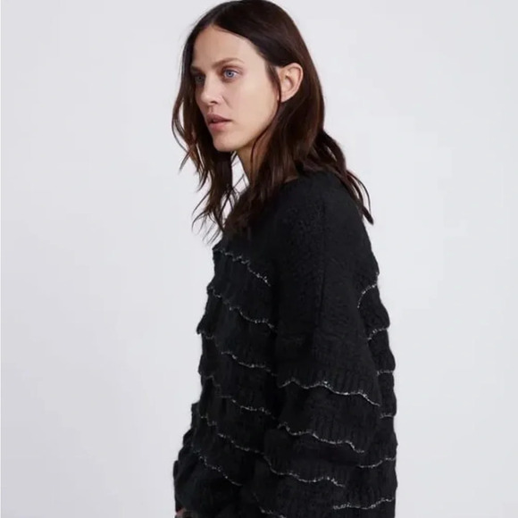 ZARA Knit Black Oversized Mohair Sweater with Glitter Trim Size S - Picture 3 of 10